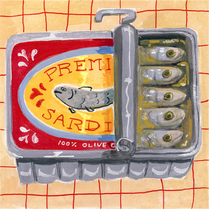 A square-shaped illustration of a yellow and red sardine can, half-open, with a peach and red gridded background.