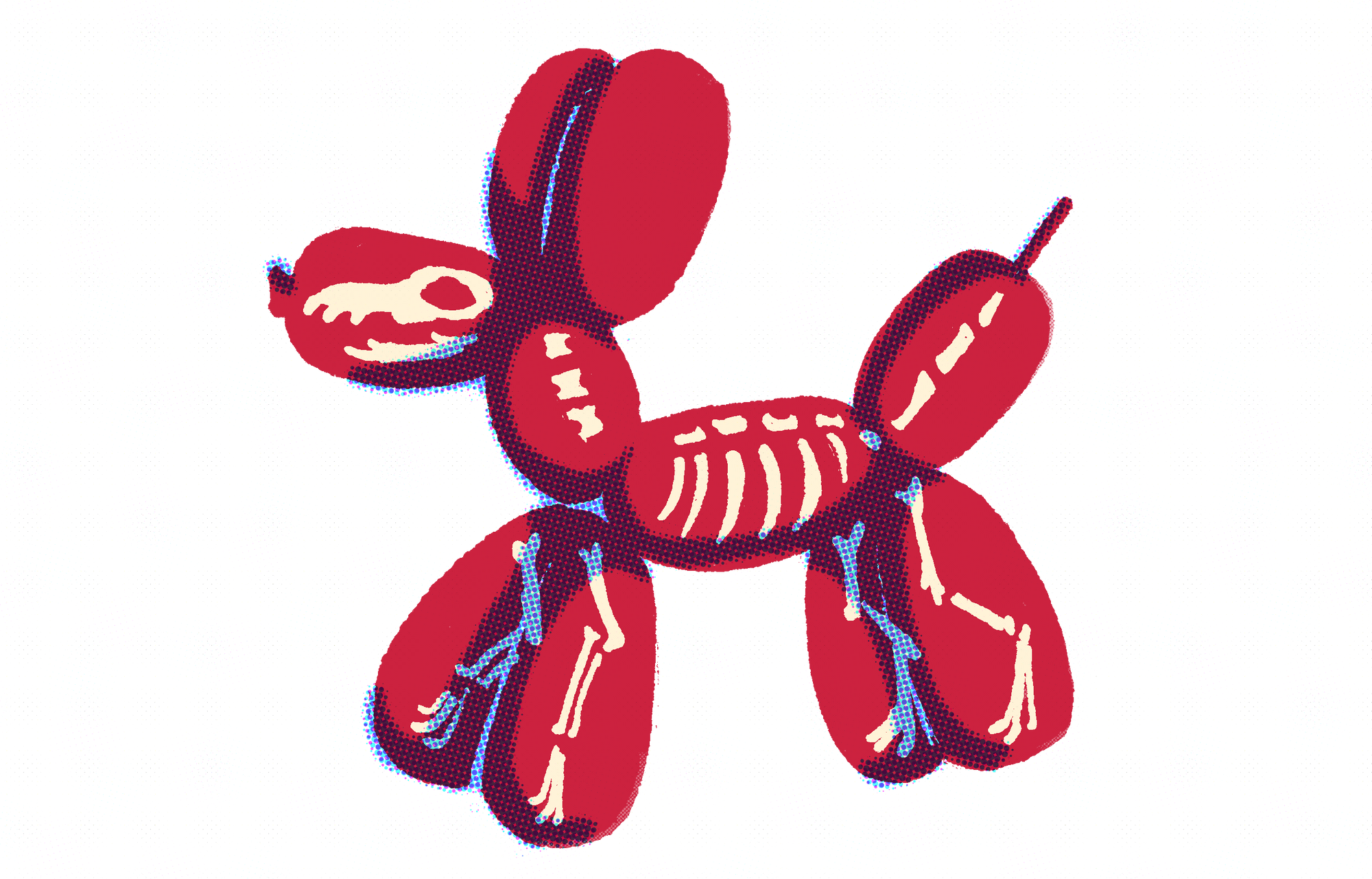 An illustrated image of a red balloon dog with a visible skeleton inside. The balloon dog is shaded with a blue halftone pattern, giving it a retro textured appearance.